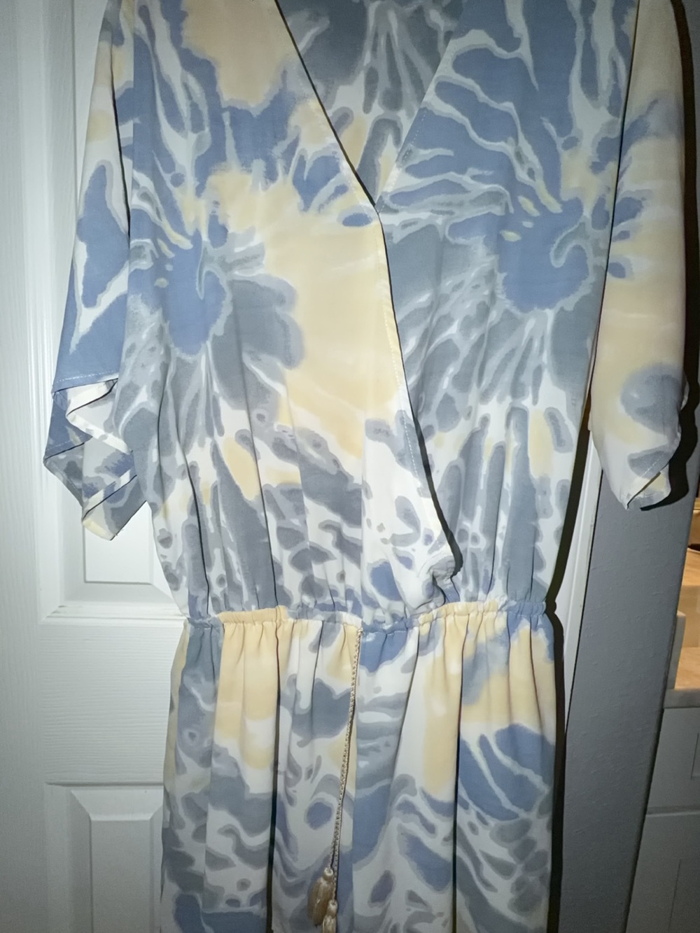 Tie-Dye Wrap Romper with Drawstring Waist in Light Blue, Yellow & Cream